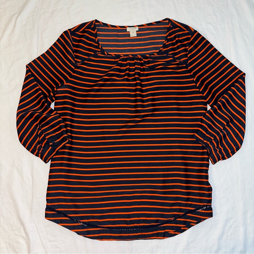 J. Crew Women’s Navy Blue And Red Striped 3/4 Length Long Sleeve Blouse Size XS